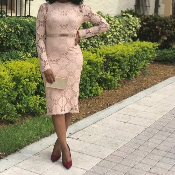 Dusty Pink Long Sleeve Lace Bodycon 